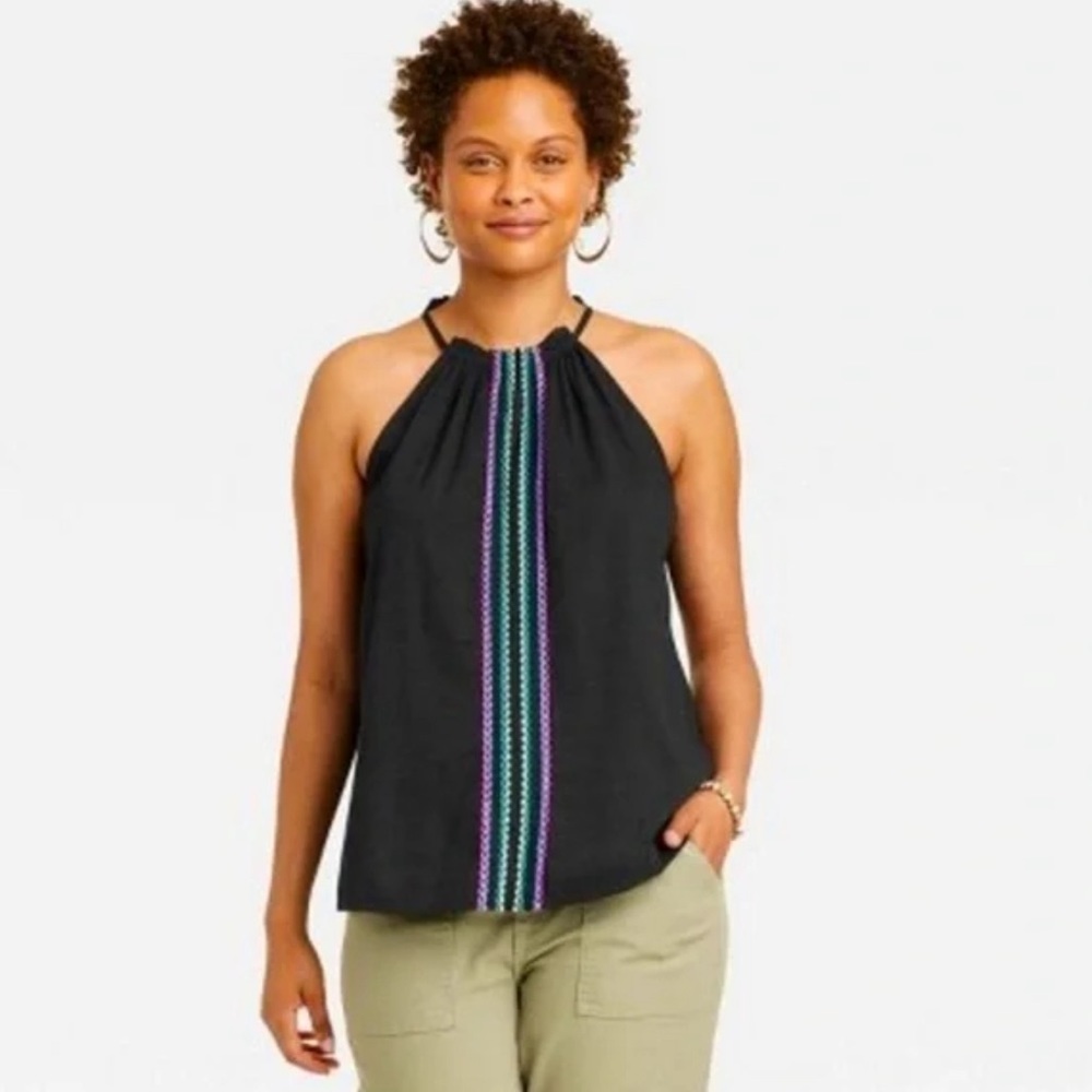 Knox Rose Black Cotton Blend Embroidered Tank-Size 1X